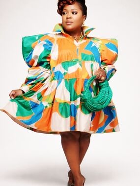 Vibrant Abstract Print Puff-Sleeve Mini Dress in Orange & Green